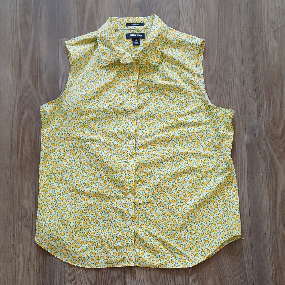 Lands' End Yellow Lemon-Print Sleeveless Button Front Top